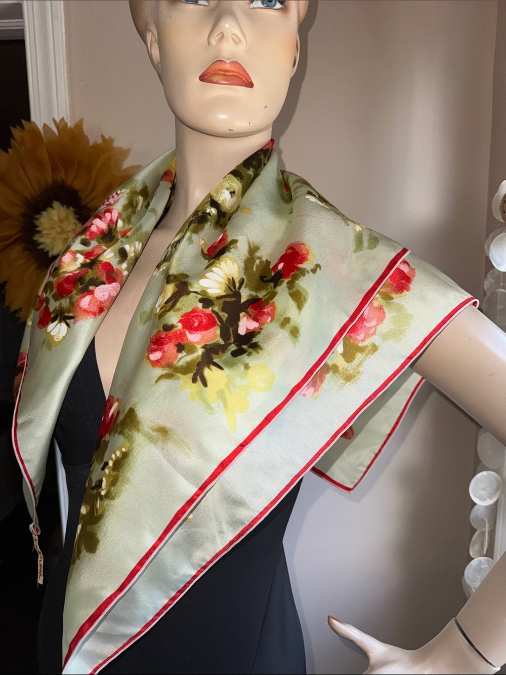 Vintage Light Green Floral Silk Scarf - Picture 12 of 15